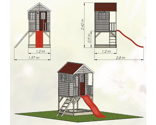 Illustration eines Spielhauses mit Rutsche und Leiter mit Maßangaben