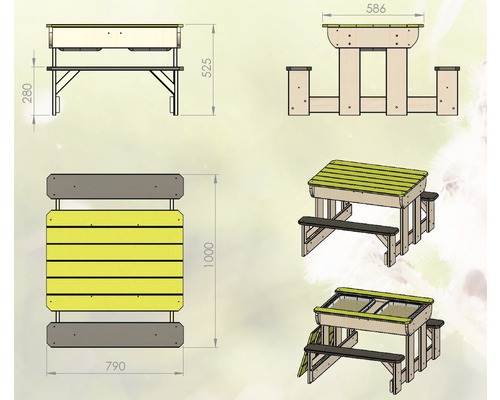 Technische Zeichnung eines Kindersitzgarnitur mit Sandkastenfunktion und Maßangaben