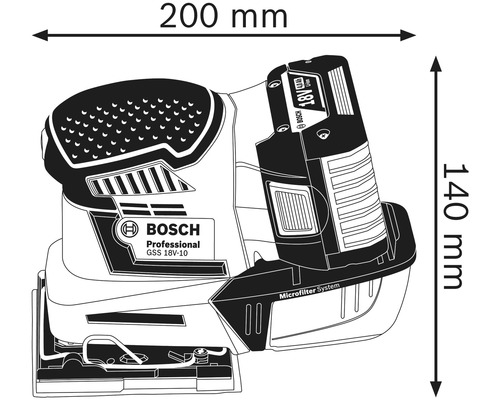 Abbildung des Bosch Professional GSS 18V-10 Akku-Schwingschleifers mit Maßangaben: 200 mm Breite, 140 mm Höhe