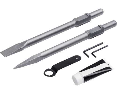 Set mit zwei Meißeln, zwei Inbusschlüsseln, einem Schraubenschlüssel und Schmiermittel