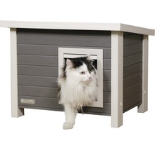 Katze steigt aus einem grauen Katzenhaus mit Katzenklappe