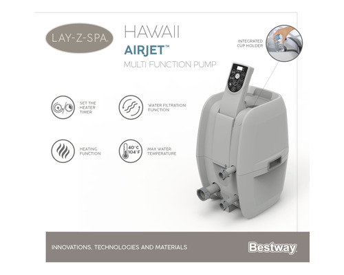 Lay-Z-Spa Hawaii Airjet Multifunktionspumpe mit Timer, Wasserfilterfunktion, Heizfunktion, maximaler Wassertemperatur von 40 Grad und integriertem Getränkehalter
