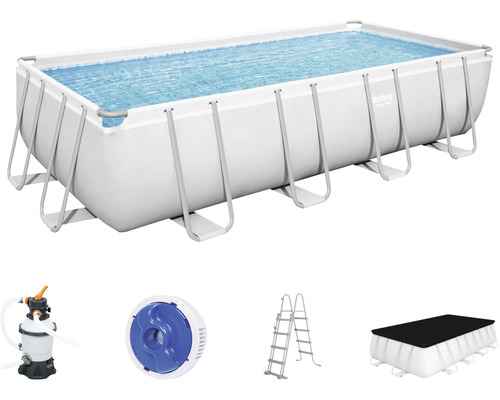 Aufstellpool Framepool-Set Bestway eckig 488x244x122 cm inkl. Sandfilteranlage, ChemConnect Dosierer, Leiter und Abdeckplane grau