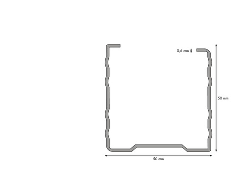 Profilquerschnitt mit den Maßen 50 mm x 50 mm und einer Materialstärke von 0,6 mm