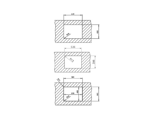 Technische Zeichnung mit Maßangaben für einen Mauerdurchbruch