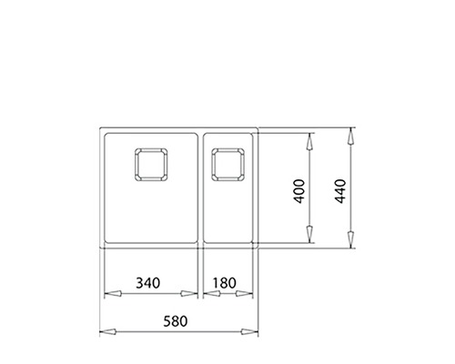 Technische Zeichnung einer Spüle mit zwei Becken und Maßangaben.