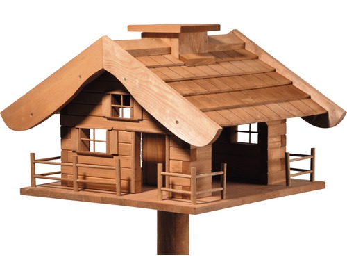 Vogelhaus im Chalet-Stil aus Holz mit Dach und kleinem Zaun