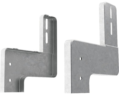 Detailansicht von zwei Gerätehaltern aus Metall mit Befestigungslöchern