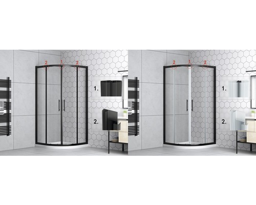 Eckdusche mit schwarzem oder weißem Rahmen und Details zu Befestigungskomponenten