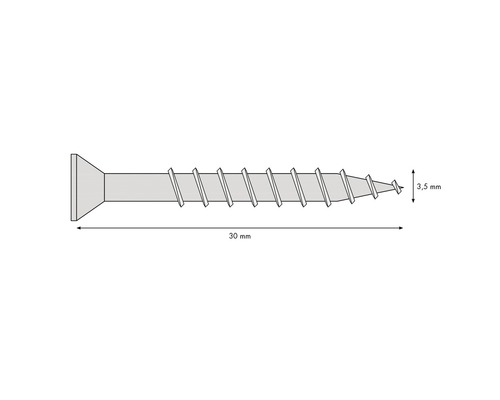 Darstellung einer Schraube mit den Maßen 30 mm Länge und 3,5 mm Durchmesser