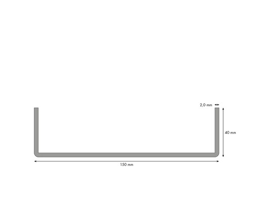 Schema einer Metallschiene mit einer Länge von 150 mm, einer Höhe von 40 mm und einer Dicke von 2 mm