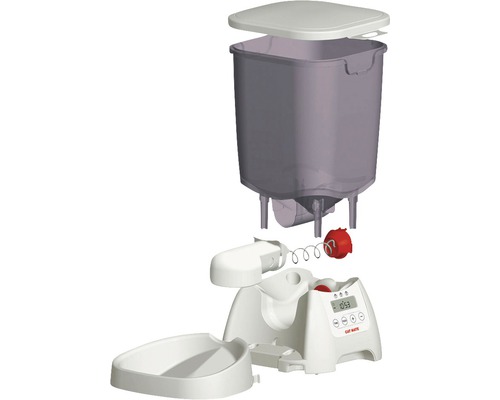 Katzenfutterautomat mit digitaler Zeitschaltuhr in Einzelteilen