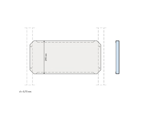 Illustration einer Bauplatte mit einer Dicke von 0,75 mm und einer Länge von 290 mm.