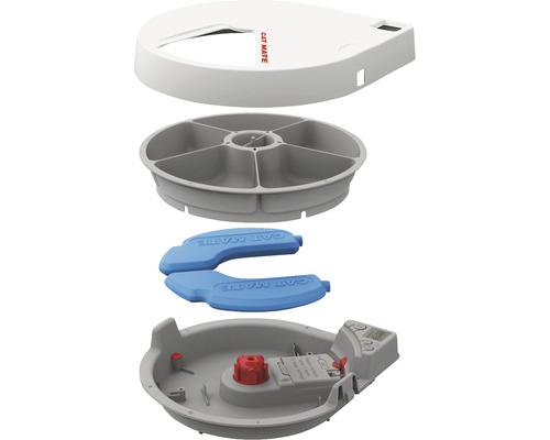 Explosionsansicht eines Cat Mate Futterautomaten für Katzen mit Kühlakkus, Zeitschaltuhr und sechs Futterkammern