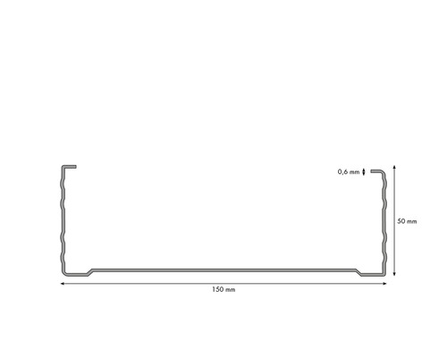 Abmessungsskizze eines 150 Millimeter langen und 50 Millimeter hohen Metallprofils