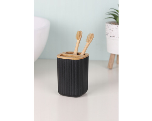 Schwarzer Zahnbürstenhalter aus Bambus mit zwei Zahnbürsten