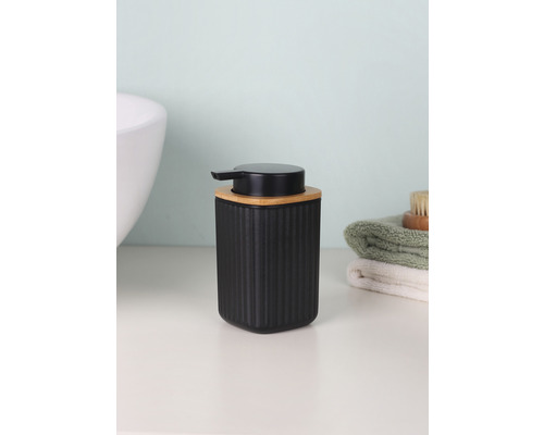 Schwarzer Seifenspender mit Bambusdeckel für das Badezimmer