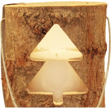 Windlicht aus Baumrinde mit Tannenbaum-Ausschnitt und Metallhenkel