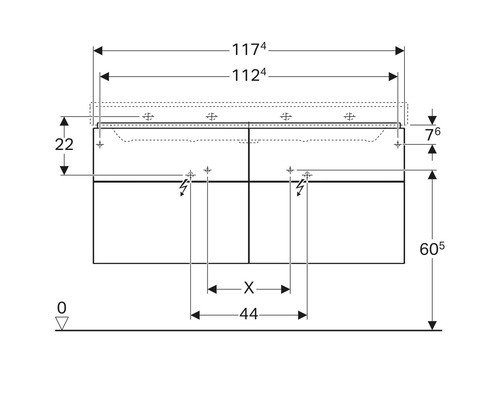 Technische Zeichnung eines Badezimmerunterschranks mit Maßangaben