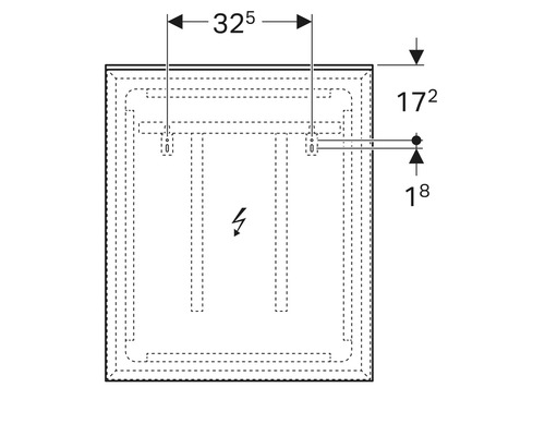 Technische Zeichnung eines Waschbeckens mit Maßangaben für die Installation