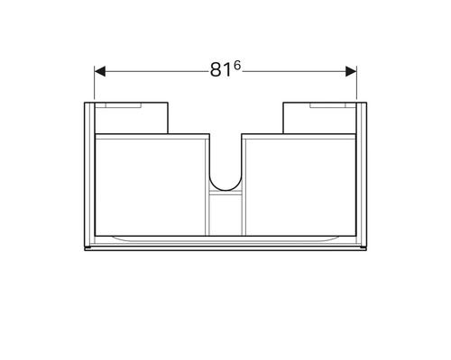 Technische Zeichnung eines Waschtischunterschranks mit einer Breite von 816 Millimetern.