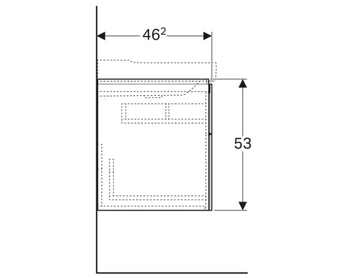 Technische Zeichnung eines Waschtischunterschranks mit Maßangaben 462 und 53.