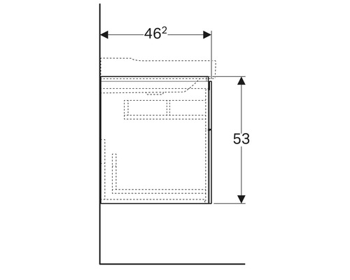Technische Zeichnung eines Waschtischunterschranks mit Maßangaben