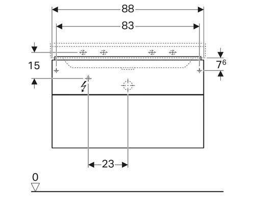 Maßzeichnung eines Waschtischunterschranks mit Bemaßungen