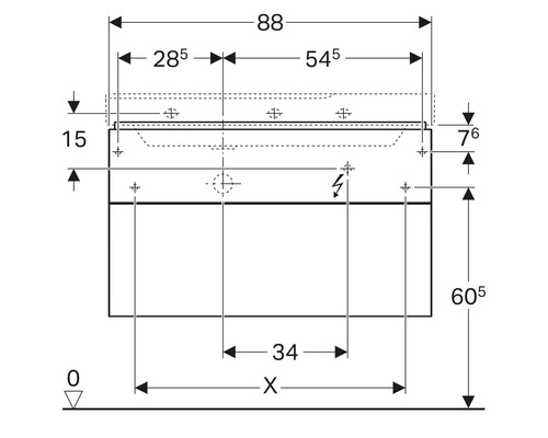 Technische Zeichnung eines Badezimmermöbels mit Maßangaben