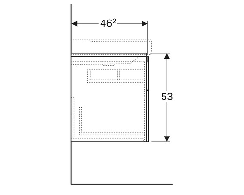 Technische Zeichnung eines Badezimmer Unterschranks mit den Massen 462 mal 53 Zentimeter.