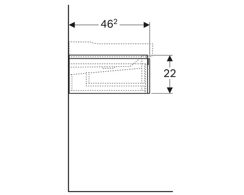 Technische Zeichnung eines Badezimmerunterschranks mit Maßangaben.