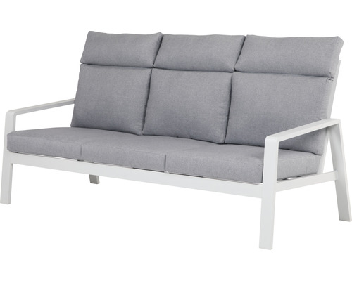 Graues Drei-Sitzer Gartensofa mit weißem Gestell.