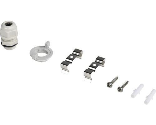 Kabelverschraubung, Kontermutter, Befestigungsclips, Schrauben und Dübel