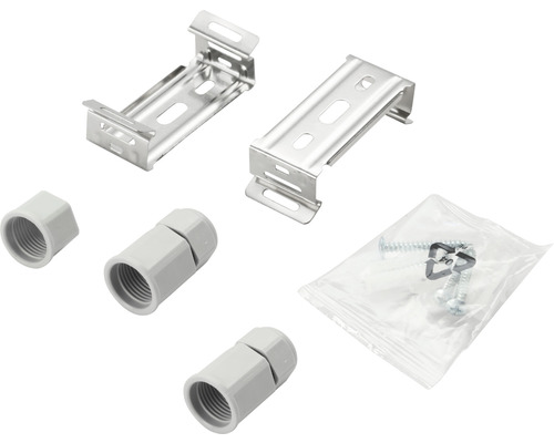 Installationsmaterial für den Sanitärbereich, inklusive Halterungen, Verschraubungen und Befestigungsmaterial.