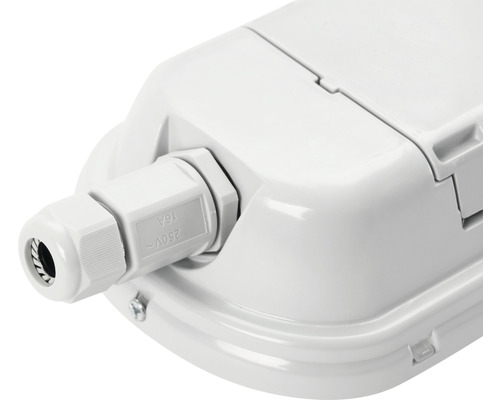 Detailaufnahme eines weißen Feuchtraumleuchte-Anschlusses