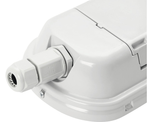 Detailaufnahme einer weißen Feuchtraumleuchte mit Kabelverschraubung