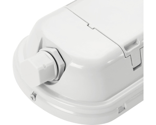 Detailaufnahme einer weißen Feuchtraumleuchte mit Kabelverschraubung