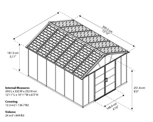 Technische Zeichnung eines Gewächshauses mit Maßangaben zu Länge, Breite, Höhe, Fläche und Rauminhalt.