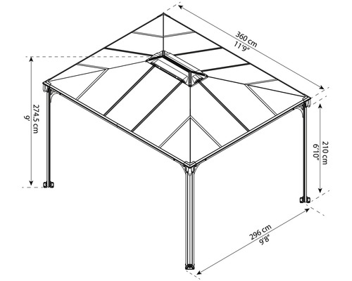 Technische Zeichnung eines Pavillons mit Höhen- und Breitenangaben