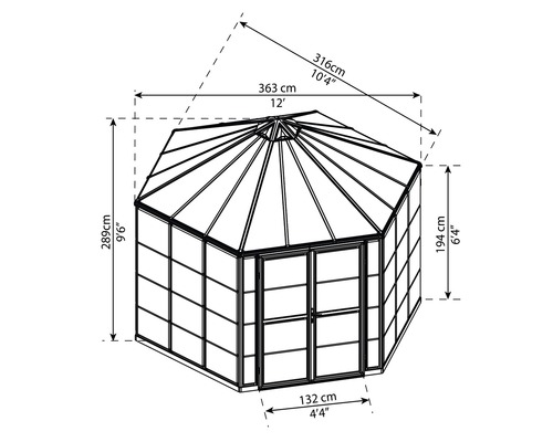 Technische Zeichnung eines Pavillons mit Maßangaben