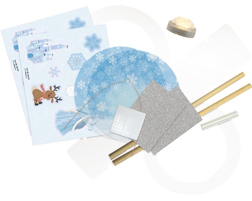 Bastelset für eine Laterne mit Wintermotiven, inklusive Papier, Holzstäben und LED-Licht