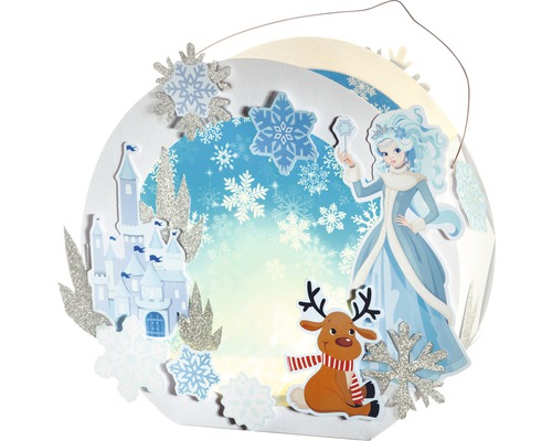 Weihnachtsdekoration mit Winterlandschaft, Schloss, Rentier und Eisprinzessin