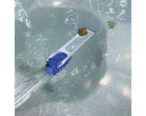 Poolreiniger entfernt ein Blatt aus dem Wasser.