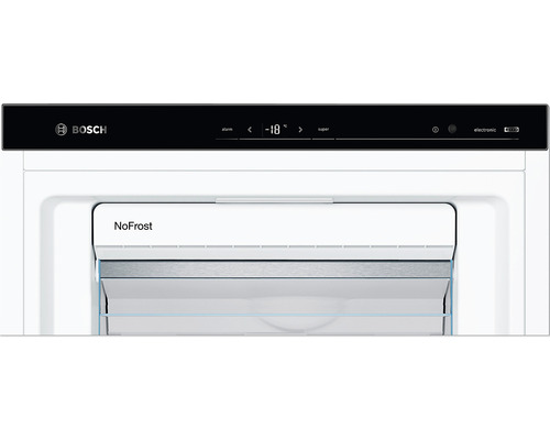 Detailansicht eines Gefrierschranks mit NoFrost-Technologie und Bosch Logo