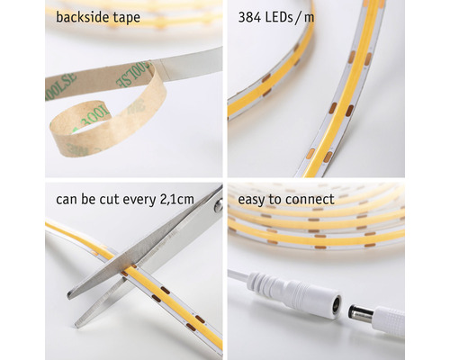 LED-Streifen mit Klebeband auf der Rückseite, 384 LEDs pro Meter, alle 2,1 cm zuschneidbar, einfach zu verbinden.