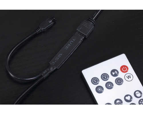 Schwarzes Kabel mit Stecker und eine weiße Fernbedienung