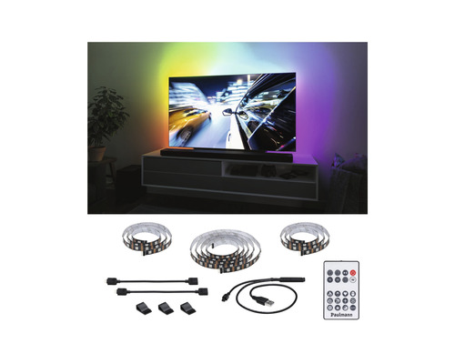 Paulmann Ambiance LED Streifen mit Fernbedienung zur indirekten Beleuchtung hinter einem Fernseher.