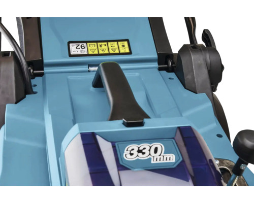 Oberseite eines Rasenmähers mit 330 mm Schnittbreite und Sicherheitshinweisen