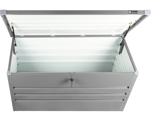 Garten- u. Futteraufbewahrungsbox Zipper ZI-GAB132AN anthrazit Geöffnete Gerätebox aus Metall mit Schloss