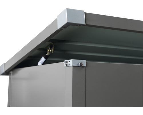 Detailansicht eines Gerätehauses mit Eckverbindungen und Gasdruckfeder